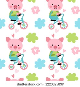 Vector pattern with a pig on a bicycle. Children's background with a piglet.