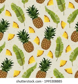 Vector pattern with pineapples and leaves.Pineapples and palm leaves on a colored background in a seamless pattern.