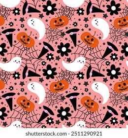 Vector pattern with pink background and Halloween elements. Witch hat and heart-shaped spider webs.Black flowers, pumpkins and cute ghosts.