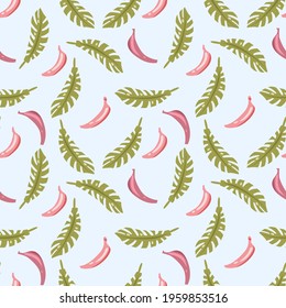 Vector pattern of pink bananas and green leaves on a blue background.