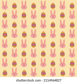 Vector pattern of pink Easter bunnies and colorful eggs. Print in pink for Easter decor.