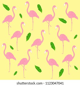 Vector pattern with pink flamingo and  tropical leaves  on yellow background.  Tropical flamingo pattern. Stock vector. Vector illustration EPS10.