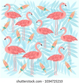 vector pattern of pink flamingos, feathers and blue leaves
