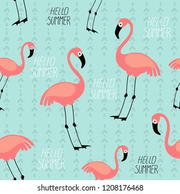 vector pattern of pink flamingos on a blue background with texture and the inscription