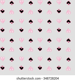 Vector pattern with pink hearts and black spades on grey background. Seamless pattern can be used for wallpaper, pattern fills, web page background,surface textures.
