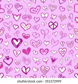 Vector pattern with pink hearts icons on light violet background. Seamless pattern can be used for wallpaper, pattern fills, web page background,surface textures.