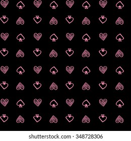 Vector pattern with pink hearts and spades on black background. Seamless pattern can be used for wallpaper, pattern fills, web page background,surface textures.