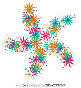 Vector pattern in pink and orange. 396 stylized blooms (cherry blossom, daisy and aster) densely distributed across the surface. A larger focal motif (aster) stands out from the ring of smaller ones. Colors: pink, orange, teal and white on a white ground, set complementary.