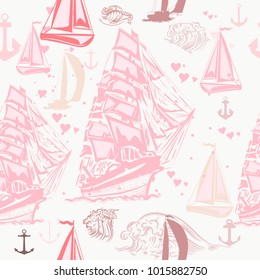 Vector pattern with pink ships and hearts. Ocean vacations