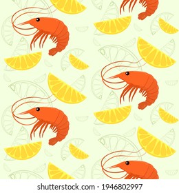 vector pattern with pink shrimp and lemon slices on a light background