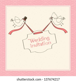 Vector pattern pink wedding invitations with birds