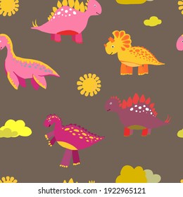 vector pattern with pink and yellow dinosaurs on brown background. Bright childish pattern with dinosaurs and clouds for printing on textiles.
