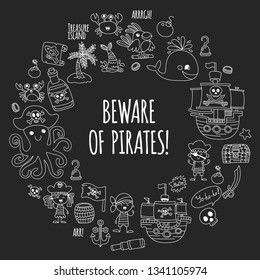 Vector pattern with pirate icons. Adventure, birthday party.