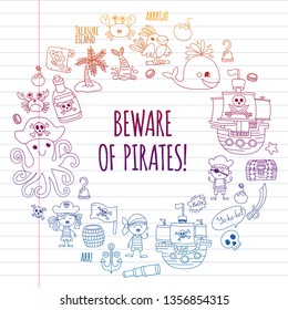 Vector pattern with pirate icons. Adventure, birthday party.