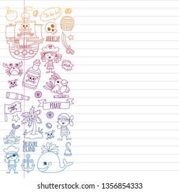 Vector pattern with pirate icons. Adventure, birthday party.