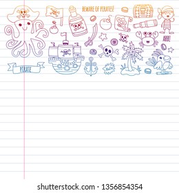 Vector pattern with pirate icons. Adventure, birthday party.