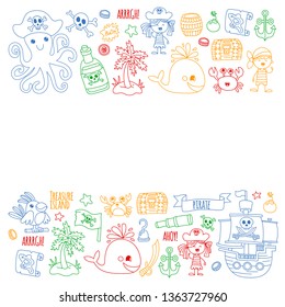 Vector pattern with pirate icons. Adventure, birthday party.