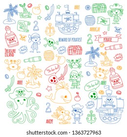 Vector pattern with pirate icons. Adventure, birthday party.