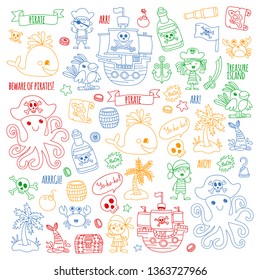 Vector pattern with pirate icons. Adventure, birthday party.