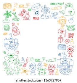 Vector pattern with pirate icons. Adventure, birthday party.
