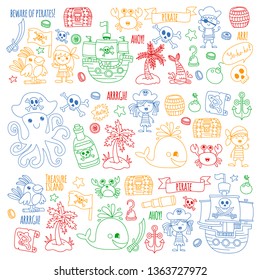 Vector pattern with pirate icons. Adventure, birthday party.