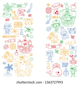 Vector pattern with pirate icons. Adventure, birthday party.