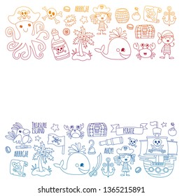 Vector pattern with pirate icons. Adventure, birthday party.