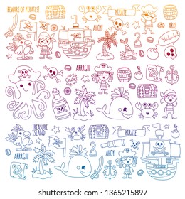 Vector pattern with pirate icons. Adventure, birthday party.