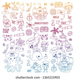 Vector pattern with pirate icons. Adventure, birthday party.