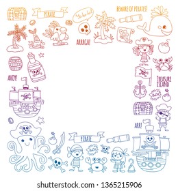Vector pattern with pirate icons. Adventure, birthday party.