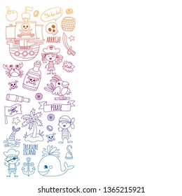 Vector pattern with pirate icons. Adventure, birthday party.