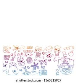 Vector pattern with pirate icons. Adventure, birthday party.