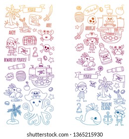 Vector pattern with pirate icons. Adventure, birthday party.