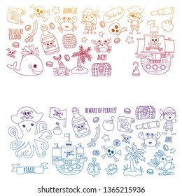 Vector pattern with pirate icons. Adventure, birthday party.