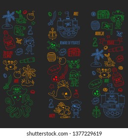 Vector pattern with pirate icons. Adventure, birthday party.