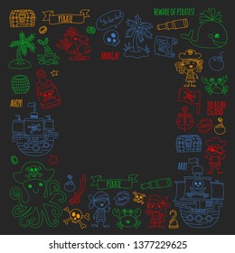 Vector pattern with pirate icons. Adventure, birthday party.