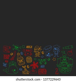 Vector pattern with pirate icons. Adventure, birthday party.