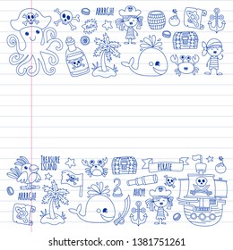 Vector pattern with pirate icons. Adventure, birthday party.