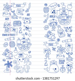 Vector pattern with pirate icons. Adventure, birthday party.