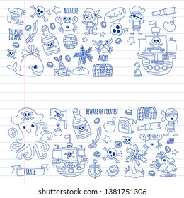 Vector pattern with pirate icons. Adventure, birthday party.