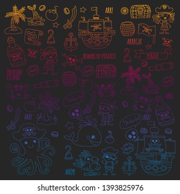 Vector pattern with pirate icons. Adventure, birthday party.