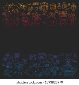 Vector pattern with pirate icons. Adventure, birthday party.