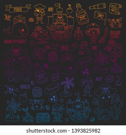 Vector pattern with pirate icons. Adventure, birthday party.