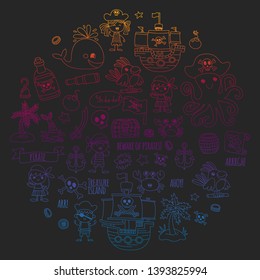 Vector pattern with pirate icons. Adventure, birthday party.