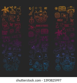 Vector pattern with pirate icons. Adventure, birthday party.