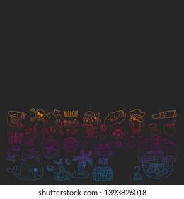 Vector pattern with pirate icons. Adventure, birthday party.