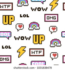 Vector pattern - pixel 80s-90s style design. Isolated illustrations - great for stickers, embroidery, badges. Set of colorful cartoon badges.