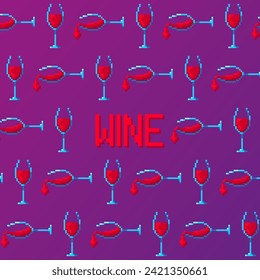 vector pattern of pixel icons of red wine glasses. illustration a glass of wine stands and a glass of wine is poured with a dripping drop of wine