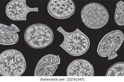 Vector pattern with pizza on black background, stylish food cover for fabric, postcards, wallpapers,graphical vector illustration. Fast food and menu background design	