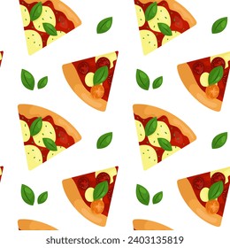Vector pattern with pizza slices and spinach leaves